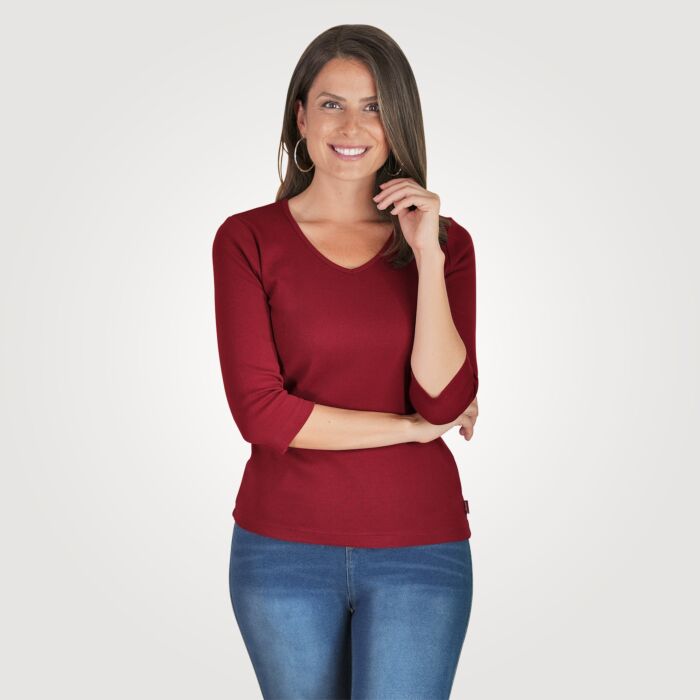 Shirt côtelé à manches 3/4 et encolure en V